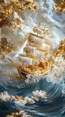 Chinese traditional silk golden sailboat poster background
