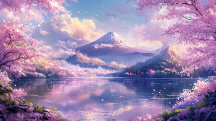 Obraz premium Serene Mountain Landscape with Cherry Blossoms and Reflection