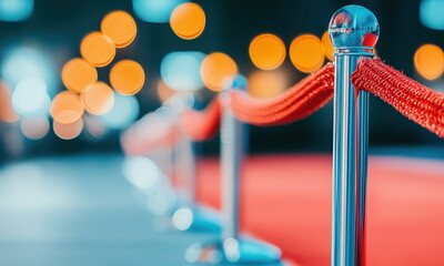 A Night of Glamour: A Red Carpet Lined with Shiny Stanchions Beckons Guests to an Exclusive Event.