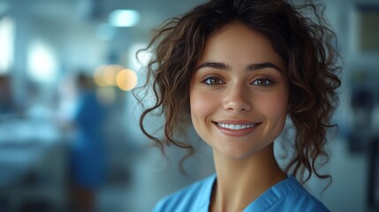 Fototapeta premium chubby female nurse with white skin and curly hair.
