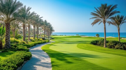 Fototapeta premium Lush Golf Course Path Beside Ocean Palm Trees