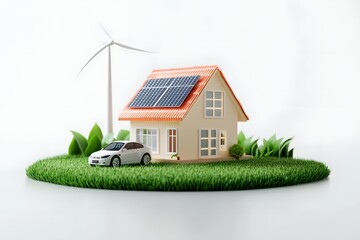 Sustainable Energy Home with Electric Car on Green Lawn Surrounded by Renewable Wind Power