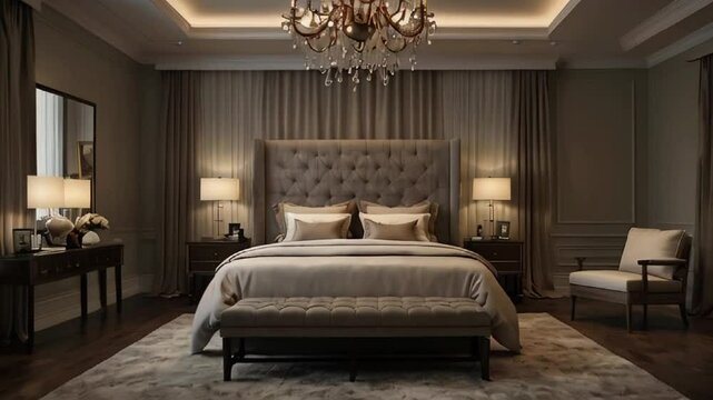 A cozy, dimly lit bedroom with a large bed and a chandelier.