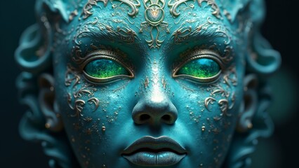 Close-up of ornamental teal-colored sculpture with green gemstone-like eyes and intricate carved patterns on surface