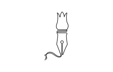Continuous Line Drawing of Feather Icon. Hand Drawn Symbol Vector Illustration, single line drawing of a Quill inside an inkpot, Fountain pen.