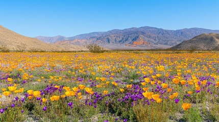 Fototapeta premium Vibrant wildflowers bloom in a desert mountain valley