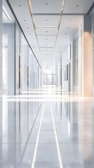 Obraz premium A wide, clean exhibition space with large empty walls, polished floors, and ample lighting, perfect for displaying products and adding text