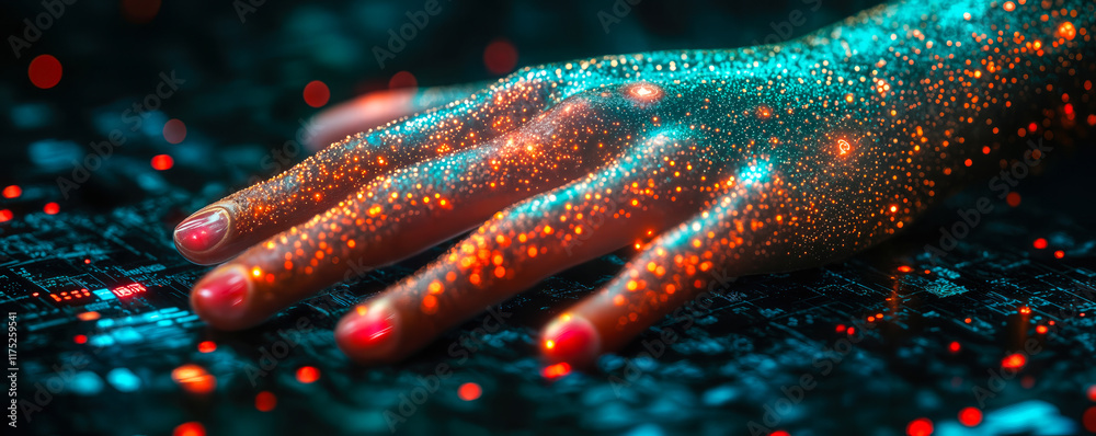 Poster futuristic ai and machine learning concept with hand on digital network interface
