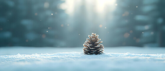 Obraz premium A solitary pine cone rests on soft snow, illuminated by gentle sunlight peeking through a serene forest.