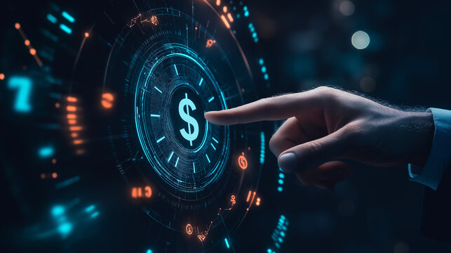 Time is money concept. Businessman holding glowing clock with surrounding dollar signs, representing the concept of time management, productivity, and the value of time in business - Powered by Adobe