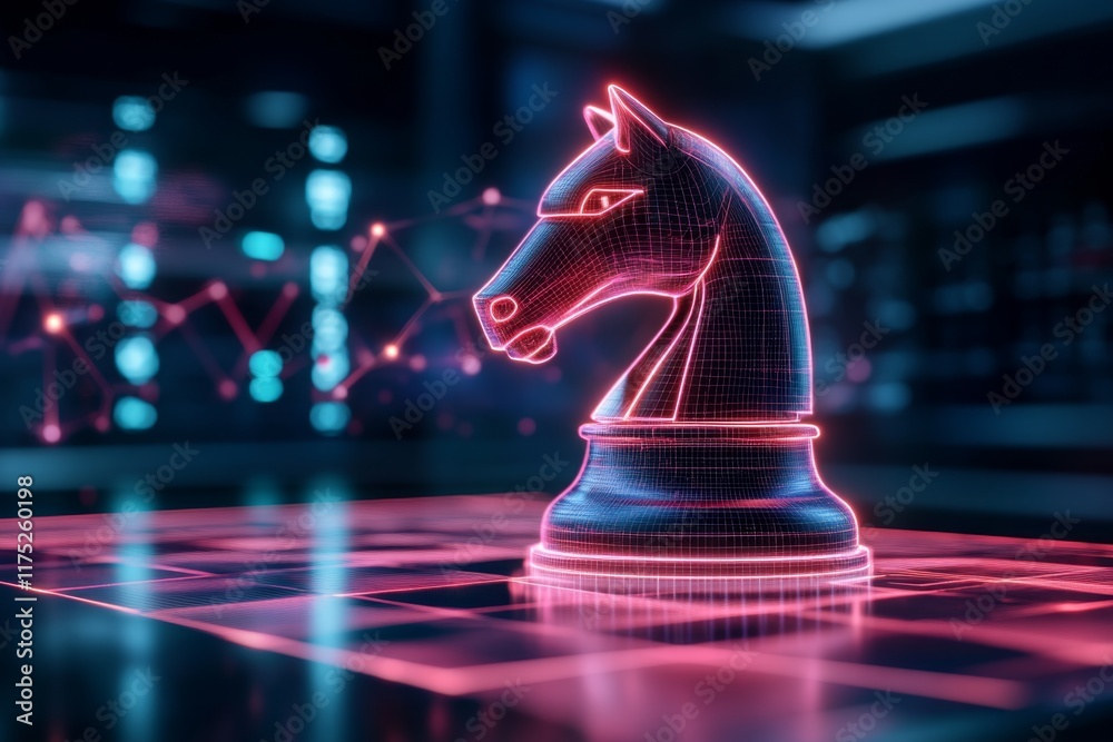 Aufkleber A 3D rendering of a futuristic chess knight, glowing with neon edges and placed on a holographic chessboard