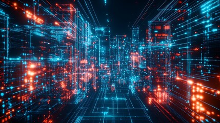 Fototapeta premium Abstract Digital Cityscape Neon Lights Data Streams