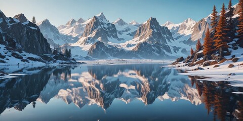 Snowy peaks reflected in the calm waters of a frozen lake, icy surface, snowy mountains