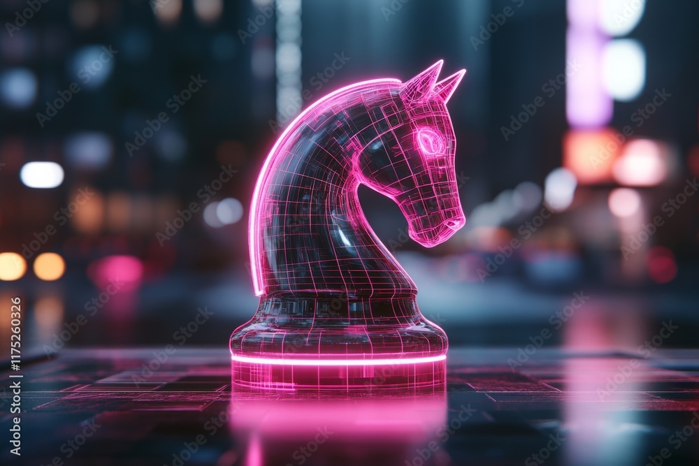 Poster A 3D rendering of a futuristic chess knight, glowing with neon edges and placed on a holographic chessboard