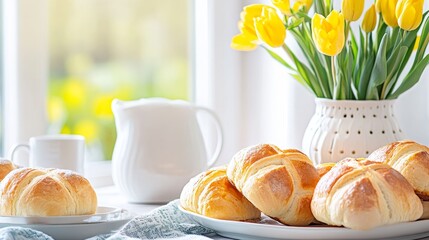 Freshly baked croissants and yellow tulips on a table, creating a cozy breakfast setting.