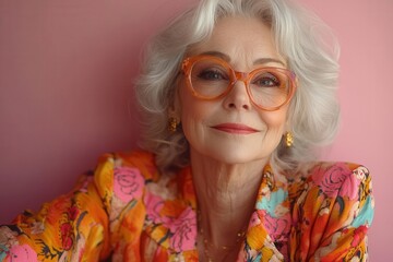 Obraz premium adorable retired woman dressed in colorful fashionable attire poses cheerfully against a soft pink background her vibrant style and joyful demeanor showcase a celebration of age and individuality