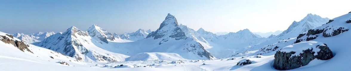 Snowy mountain terrain with rocky outcroppings, solitude, rugged, mountain