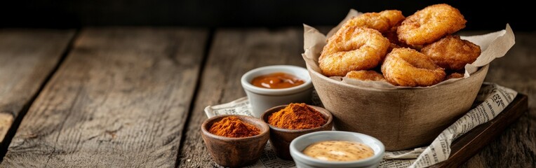 Crunchy fried snacks served with assorted dipping sauces on a wooden table