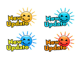 a set of emoticons with the text of a new update in different colors a cheerful sun with rays of light