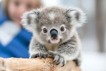 Obraz premium A baby koala taking its first steps on a branch, with its mother watching nearby