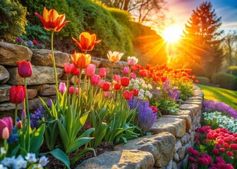 Spring Garden Landscape: Stone Wall, Tulips & Phlox Retaining Wall