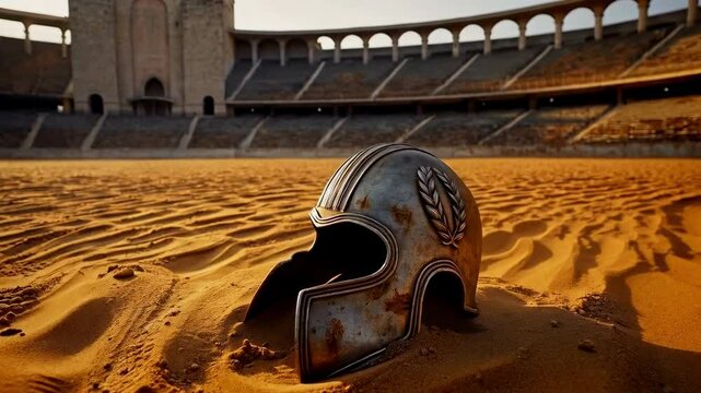 A gladiator helm in the sand of the arena