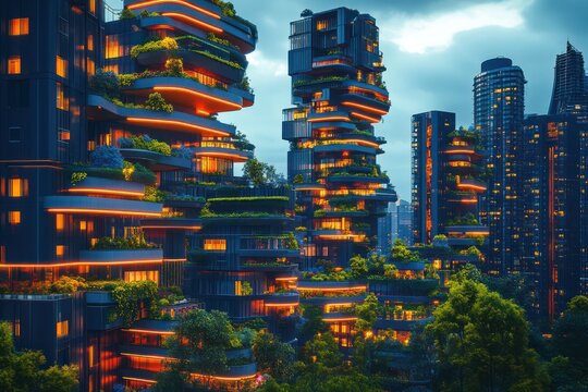 A vibrant skyline showcasing bold, modular skyscrapers with glowing terraces and cascading greenery