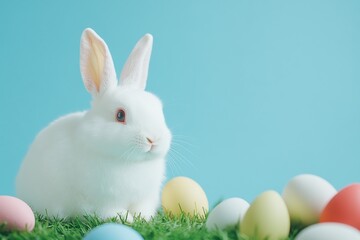 Fototapeta premium Adorable White Easter Bunny with Colorful Eggs