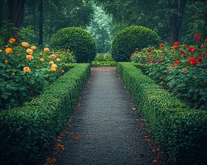 Obraz premium Serene garden path lined with lush hedges and blooming roses.