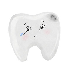 Tooth with caries watercolor. Diseased molar. Cute cartoon baby tooth on isolated white background. Dental clip art. Ideal for cards and posters in the doctor's office