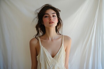 Young woman in pastel sundress posing by white canvas wall