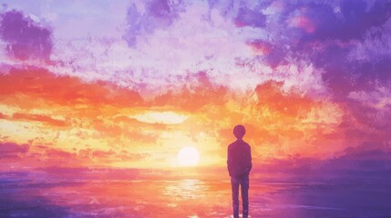 Fototapeta premium Solitary Sunset Silhouette: A Moment of Peaceful Contemplation by the Ocean