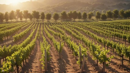 Softly filtered sunlight on the vineyard rows of El Ripolles, rural, soft filter, el ripolles