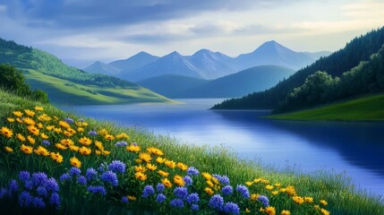 A serene landscape featuring mountains, a calm lake, and vibrant flowers in the foreground.