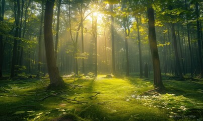 Fototapeta premium 森林晨曦阳光树木自然风光树林背景