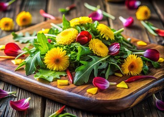 Obraz premium Springtime Feast: Dandelions & Tulips Edible Flower Salad
