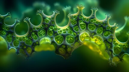 Extreme macro photography reveals intricate leaf vein structure and natural geometric patterns, showcasing detailed botanical elements with backlit green leaf texture and plant cell formations.