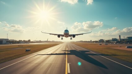 Naklejka premium Commercial Airplane Landing on a Runway at Sunrise
