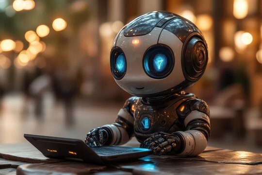 ai content creation bot with sleek design holding a stylus and surrounded by digital text bubbles symbolizing creativity and modern technology in a vibrant workspace