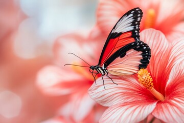 Fototapeta premium A close-up of tropical flowers blooming in Krabi lush forests, with a colorful butterfly resting on a petal