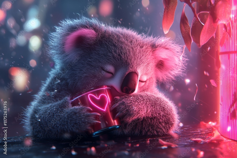 Poster a cyberpunk-inspired koala with neon highlights and a glowing tree, set in a futuristic jungle with 