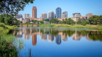 Obraz premium City Skyline Reflected in Calm River Water