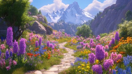 Fototapeta premium Mountain Meadow Path Blooming With Vibrant Flowers