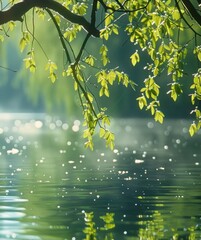 湖面垂柳柳枝水面倒影宁静唯美背景