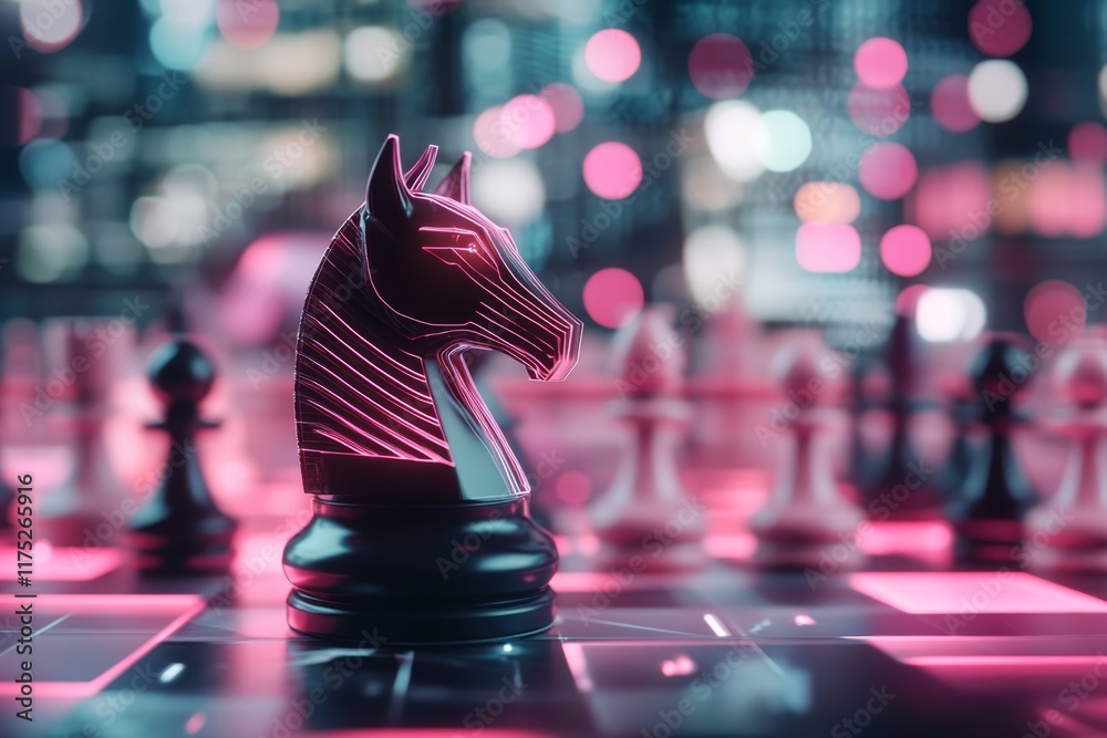 Poster a futuristic chess knight glowing with neon lines, displayed on a holographic chessboard in a high-t