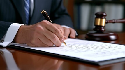 lawyer signing legal document gavel. A hand writes on a document with a gavel in the background, symbolizing legal processes, authority, and formal agreements in a professional setting.