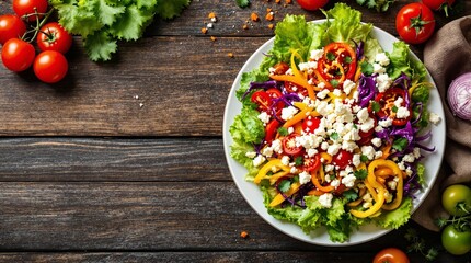 Fresh vegetable salad with feta cheese on a wooden table