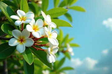 White frangipani flowers in full bloom on a tree canopy, white, frangipani