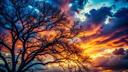 Fototapeta premium Stark Branches Silhouette Against Dramatic Sky - Nature Photography