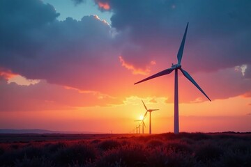 Obraz premium Wind turbine blades spinning in the breeze at dusk, breeze, nature, spin